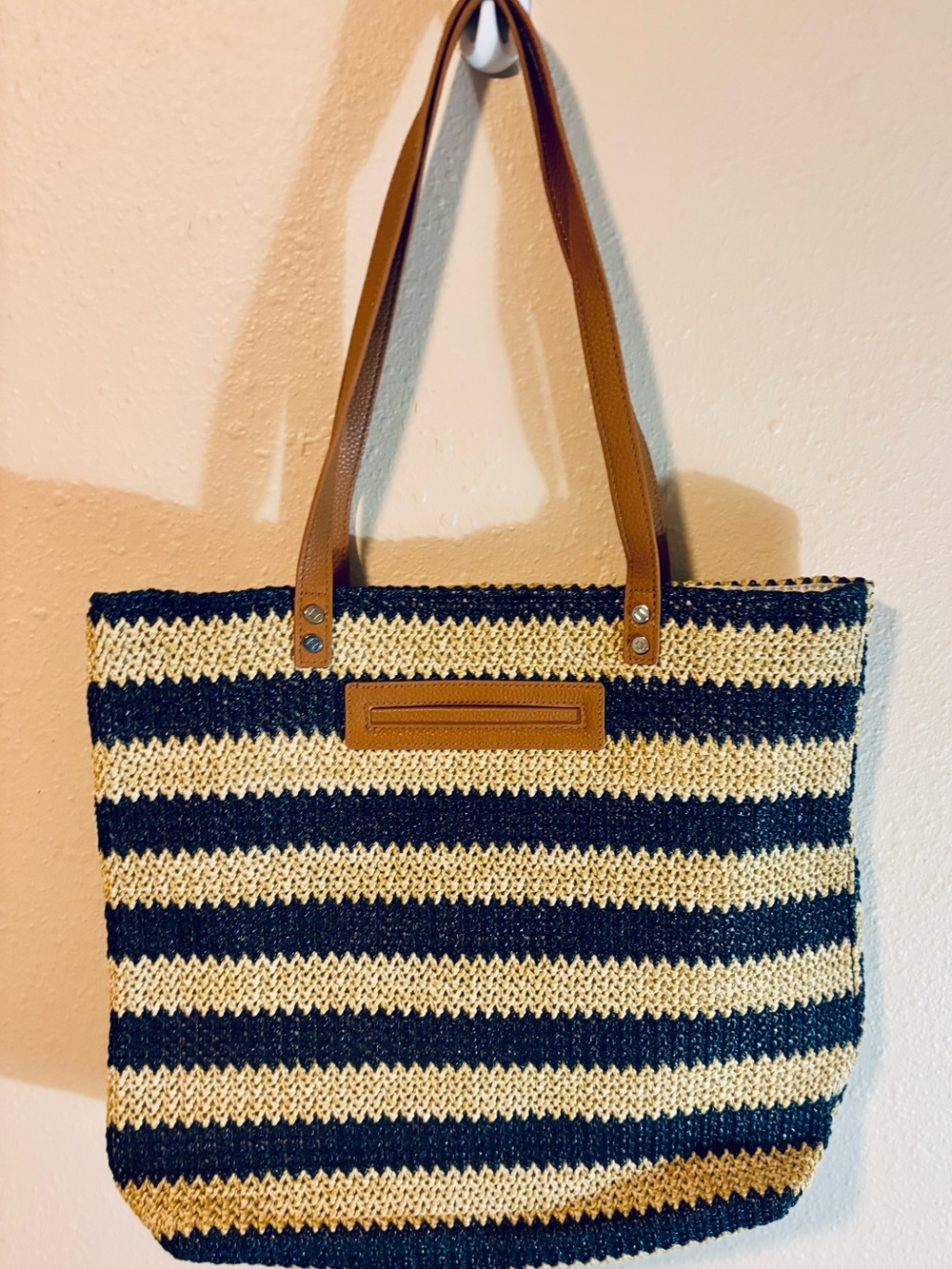 Jewel by Thirty-One Navy and Cream Striped Knit Tote with Tan Handles